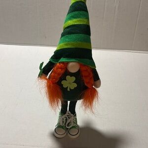 Green and Orange Striped Gnome standing decor in sneakers 17 inch St Patty